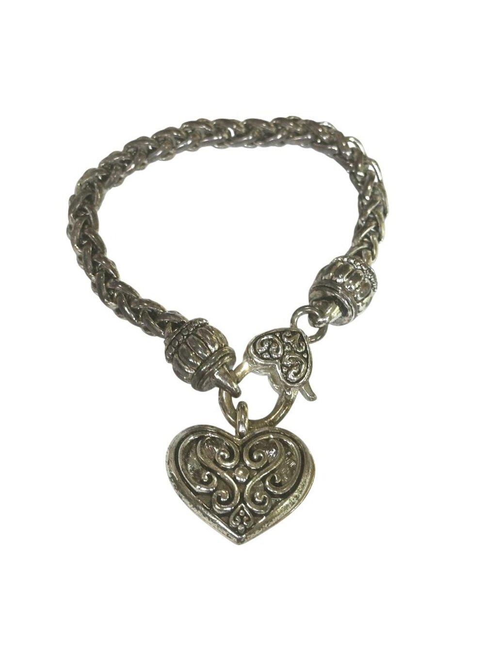 Brighton Silver-Tone Bracelet With Heart Charm 7.25" Braided Chain Design